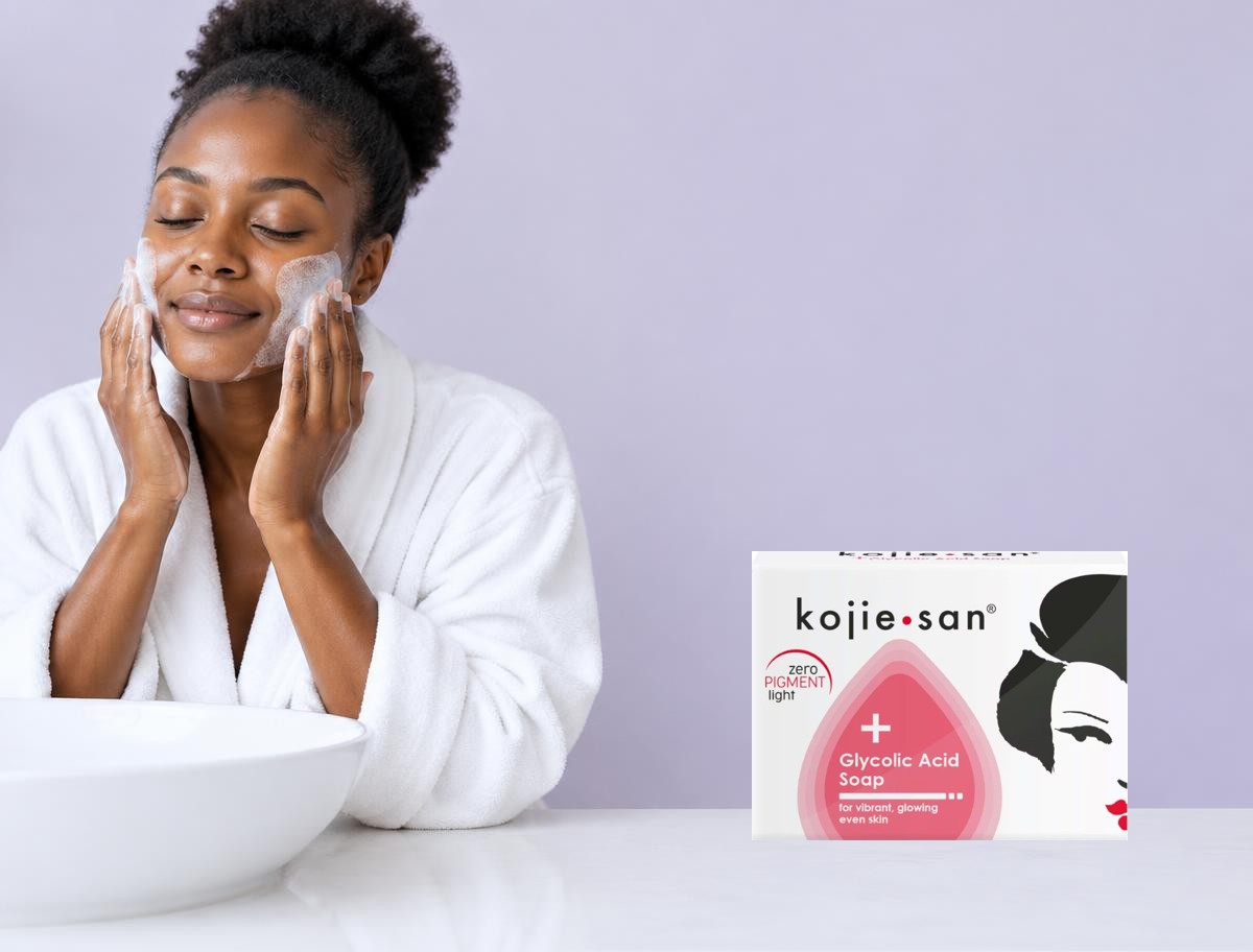 Mise en scène publicitaire de Kojie San — Savon à l'Acide glycolique